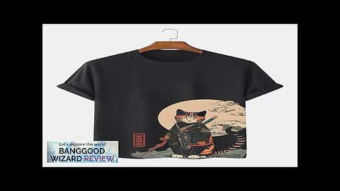 Mens Japanese Wave Cat Print Crew Neck Short Sleeve T-Shirts Black Review