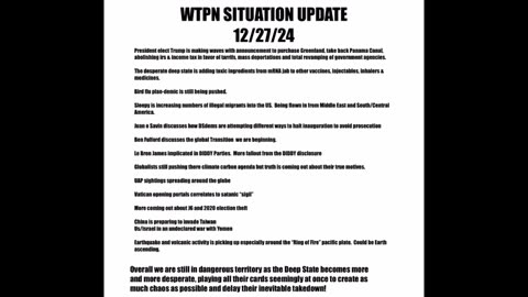 WTPN SITREP 122724 DS scheming to halt inaug., Bird Flu, DronesUAP’S, FF, Illegal invasion