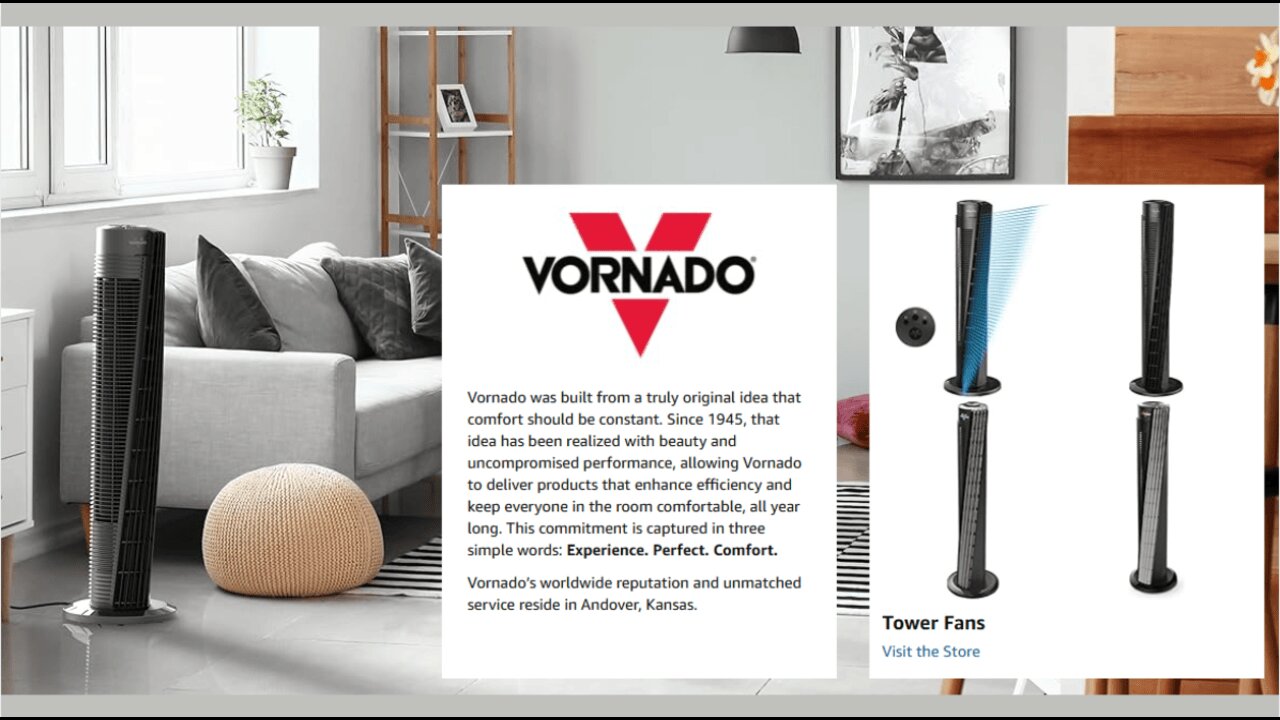 Vornado 143 Whole Room Air Circulator Tower Fan with Timer and Remote Control