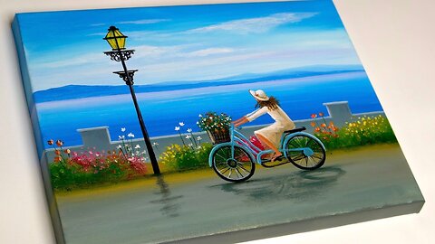 A Happy Girl Riding a Bicycle _ Acrylic Painting For Beginners _ Spring Painting