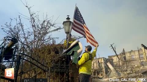 Firefighters Jump In, Help Business Owner Put Up the American Flag After Pacific Palisades Fires