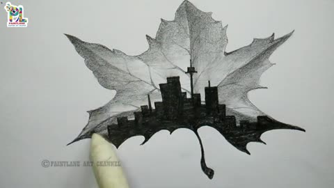 How to draw City Scape On A Leaf For Beginners