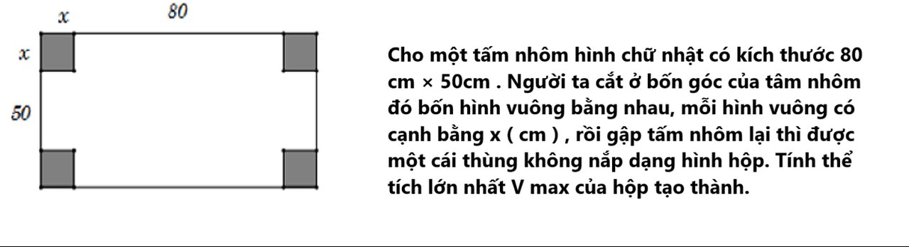 Toán 12: Cho một tấm nhôm hình chữ nhật có kích thước 80 cm × 5 0cm . Người ta cắt ở bốn