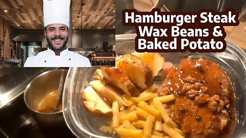 Banks Cooking Hamburger Steak with Baked Potato & Wax Beans