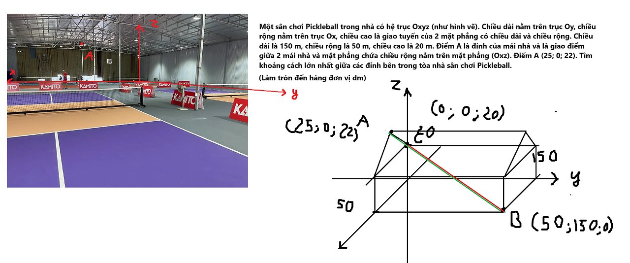 Toán 12: Một sân chơi Pickleball trong nhà có hệ trục Oxyz (như hình vẽ). Chiều dài nằm trên trục Oy