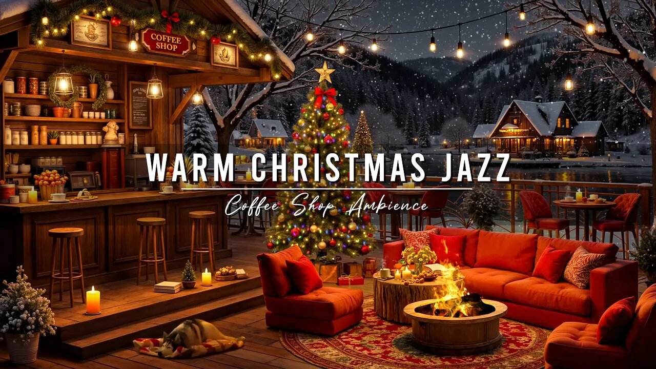 🔴Warm Night at Cozy Christmas Porch Ambience 🎄 Smooth Christmas Jazz Music with Snowfall for Relax