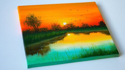 Acrylic Landscape Painting _ sunset on the Lake _ Scenery painting