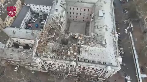 Ukraine - Odessa: Aftermath footage of destroyed hotel occupied by foreign mercenaries