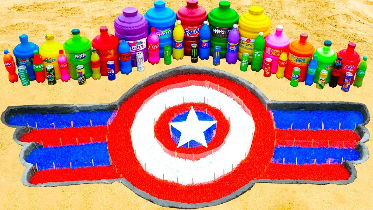 How to Craft a Captain America Logo with Orbeez, Monster Energy, Fanta, Coca Cola, and Mentos