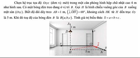 Chọn hệ trục tọa độ Oxyz (đơn vị: mét) trong một căn phòng hình hộp chữ nhật cao 4 m như hình sau.