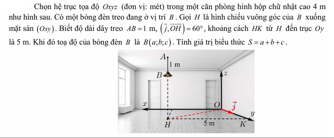 Chọn hệ trục tọa độ Oxyz (đơn vị: mét) trong một căn phòng hình hộp chữ nhật cao 4 m như hình sau.