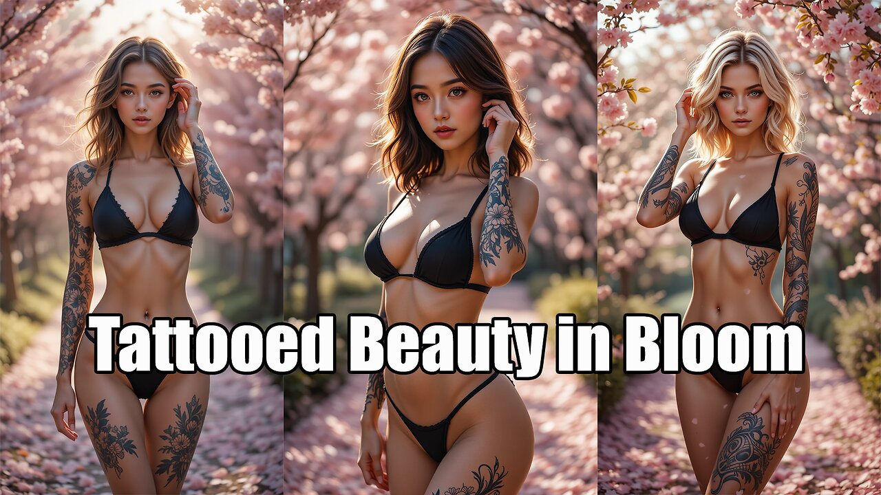 Stunning Tattooed Blonde Model in Cherry Blossom Garden – Sensual & Elegant