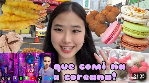 Ao vivo no Twitch reagindo ao conteúdo de uma influenciadora é uma coreana e comida coreana.