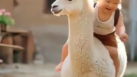 "Baby's Adorable Ride on a Goat Like Camel - AI Animation"