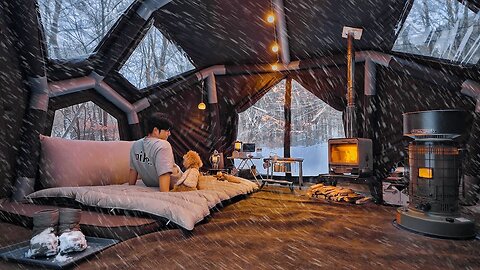 Camping in Snow Storm with My Dog . New Inflatable Tent . Wood Stove ASMR