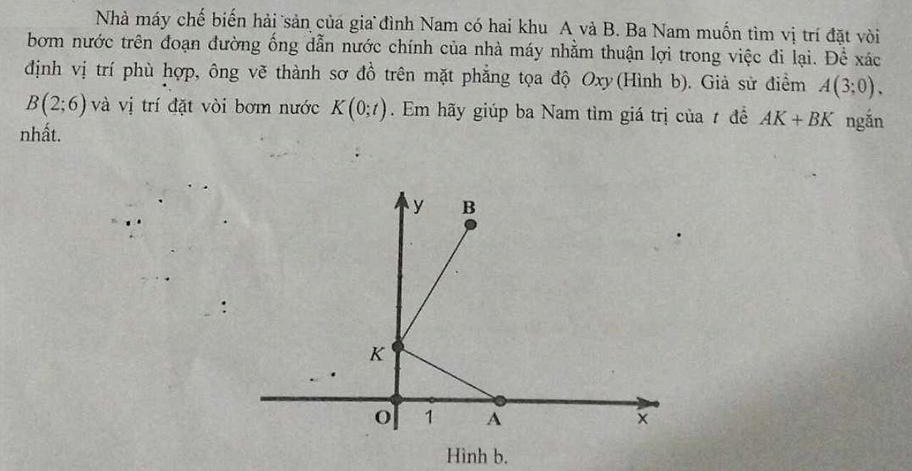 Toán 10: Nhà máy chế biến hải sản của gia đình Nam có hai khu A và B. Ba Nam muốn tìm vĩ trí đặt vòi