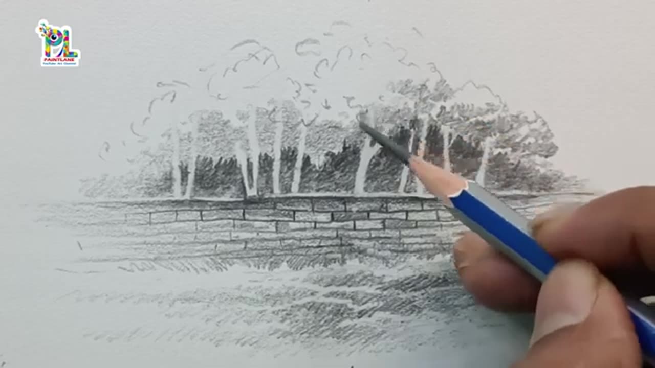 How to draw with Pencil a group of Trees near Big Wall in Nature
