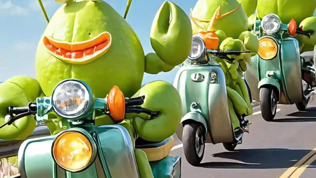 fruits and vegetables, green jujube mice go on a bike trip, green jujube lobsters go on a bike trip