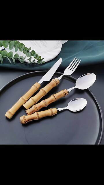 16/24/32Pcs Dinnerware Sets Original Nature Bamboo Handle Stainless Steel Cutlery