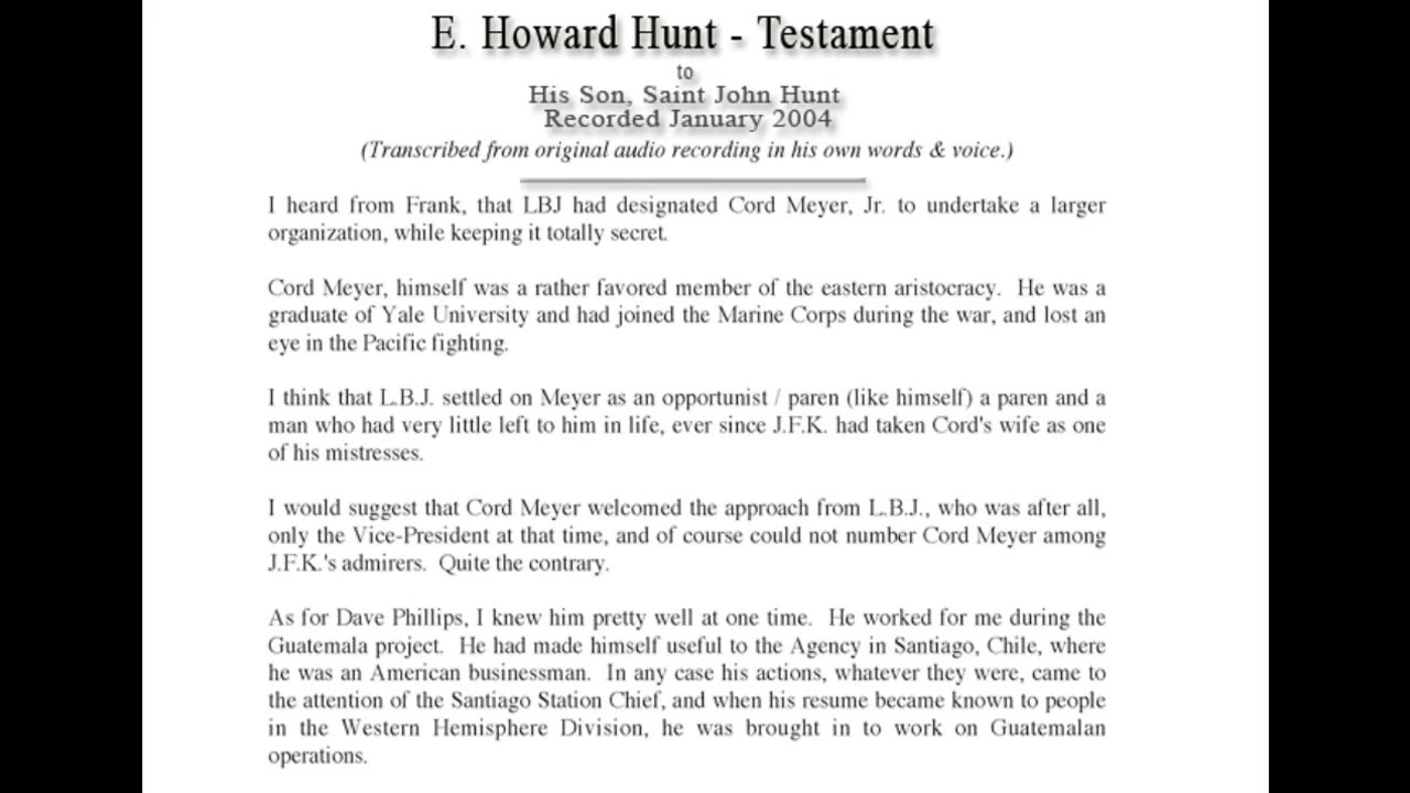 E Howard Hunt Recorded Confession sent to Son: that He was a Benchwarmer in Plot To Kill JFK