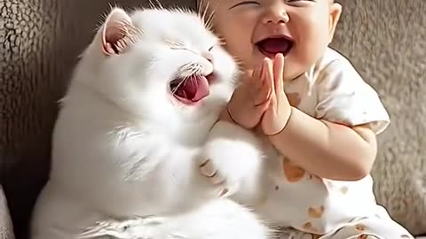 Cute baby laughing with cat