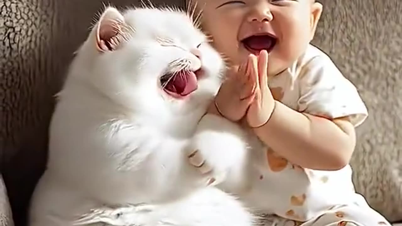 Cute baby laughing with cat