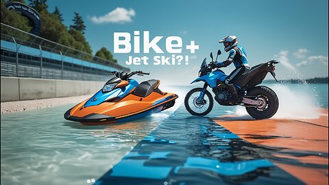 A hybrid of a motorcycle and a jet ski on the track and in the water.