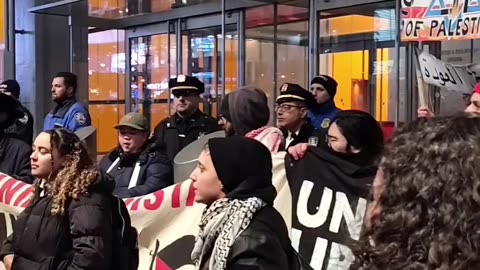 "HANDS OFF PALESTINE" in front of The New York Times.