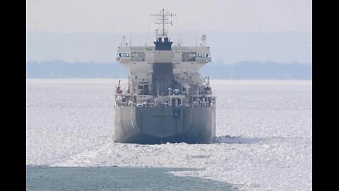 Aerial view of a Canadian freighter trapped in ice on Lake Erie