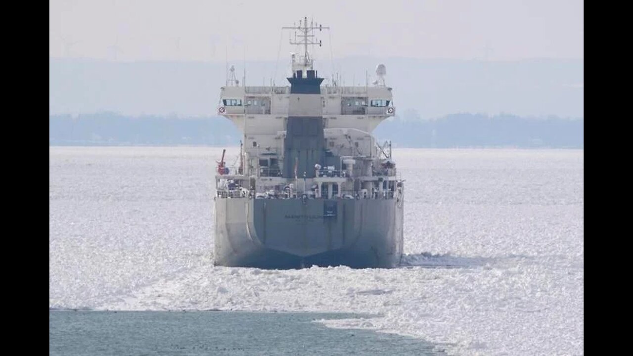 Aerial view of a Canadian freighter trapped in ice on Lake Erie