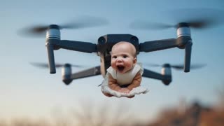 "A BABY ATTACHED TO A MINI DRONE FLYING AND HAVING FUN"