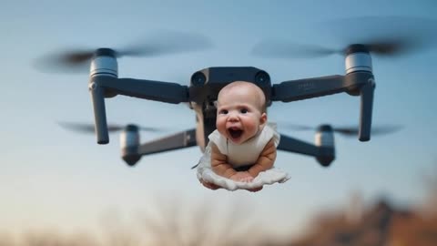 "A BABY ATTACHED TO A MINI DRONE FLYING AND HAVING FUN"