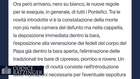 le nuove direttive sulle esequie di Papa Francesco:bara APERTA in San Pietro DOCUMENTARIO Papa Francesco ha introdotto delle nuove disposizioni per i riti funebri del Papa cattolico romano.Le novità,formalizzate nell’Ordo Exsequiarum Romani Pontificis