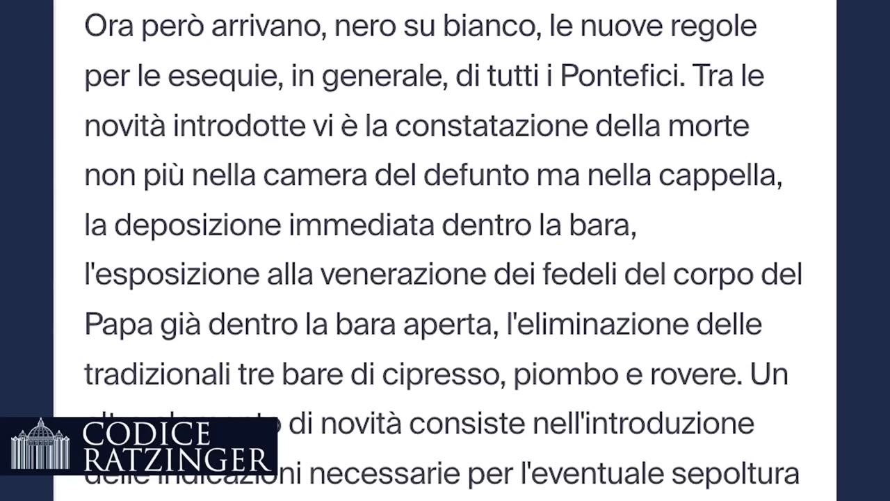 le nuove direttive sulle esequie di Papa Francesco:bara APERTA in San Pietro DOCUMENTARIO Papa Francesco ha introdotto delle nuove disposizioni per i riti funebri del Papa cattolico romano.Le novità,formalizzate nell’Ordo Exsequiarum Romani Pontificis