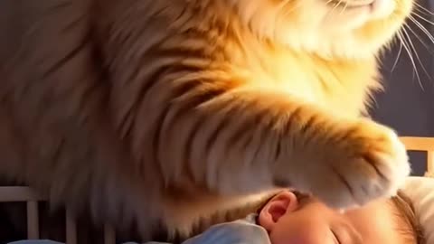 Cat and baby cat caring baby