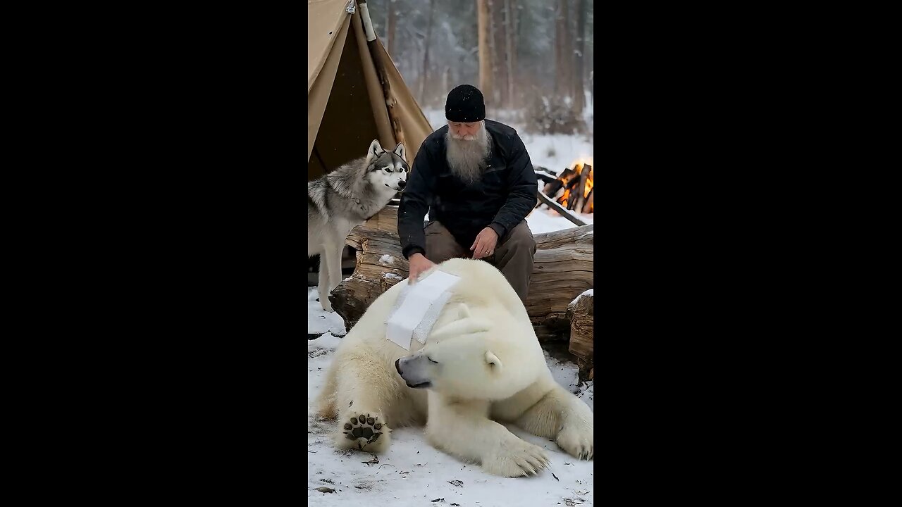 The smart wolf called the kind old man to rescue the injured polar bear caught in old barbed wire