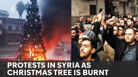 Hundreds protest in Syria after Christmas tree set alight