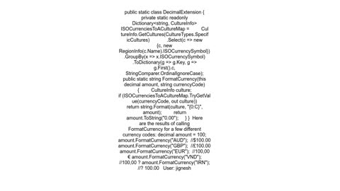 Format decimal as currency based on currency code