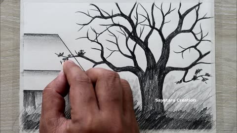 Beautiful Riverside Village Scenery Drawing with Pencil, Pencil Art, Pencil Sketch
