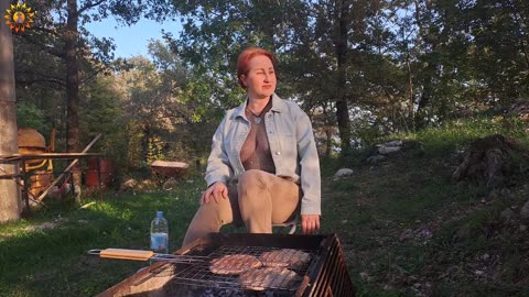 BBQ grilled sandwich meat.cooking in a mountain village