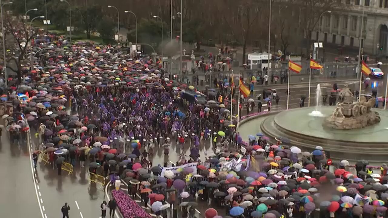 Thousands march in Madrid's rain to mark Women's Day