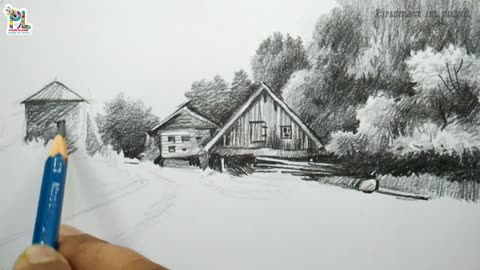 Small wooden cabins in the nature with pencil art | Scenery art