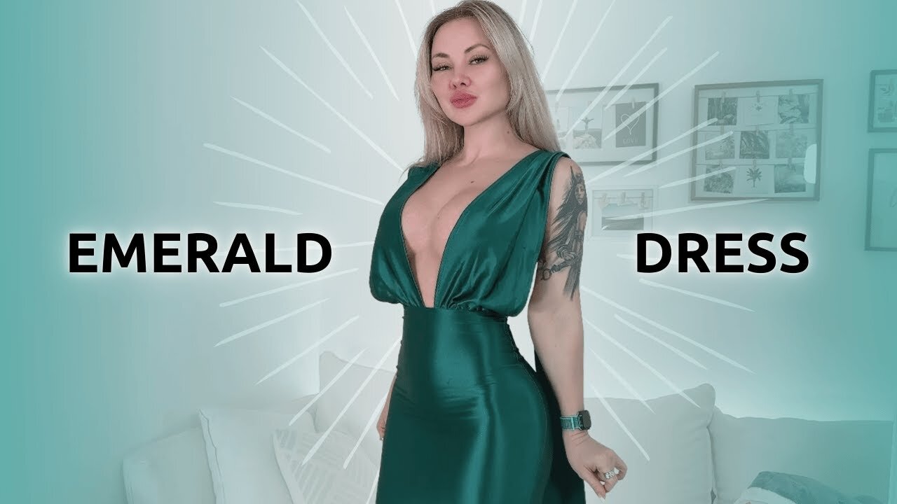 4K Green Long DRess Try On -non Transparent