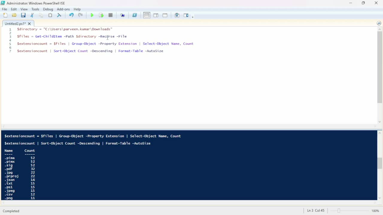 PowerShell Script to List and Count File Extensions