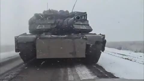 A Ukrainian M1A1 Abrams MBT drives on the road in the Kursk direction