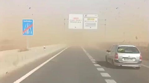 Sandstorm on the A-31 highway in La Gineta of Albacete, Spain