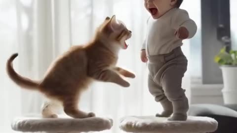 Happy Child and Kitten Hugging
