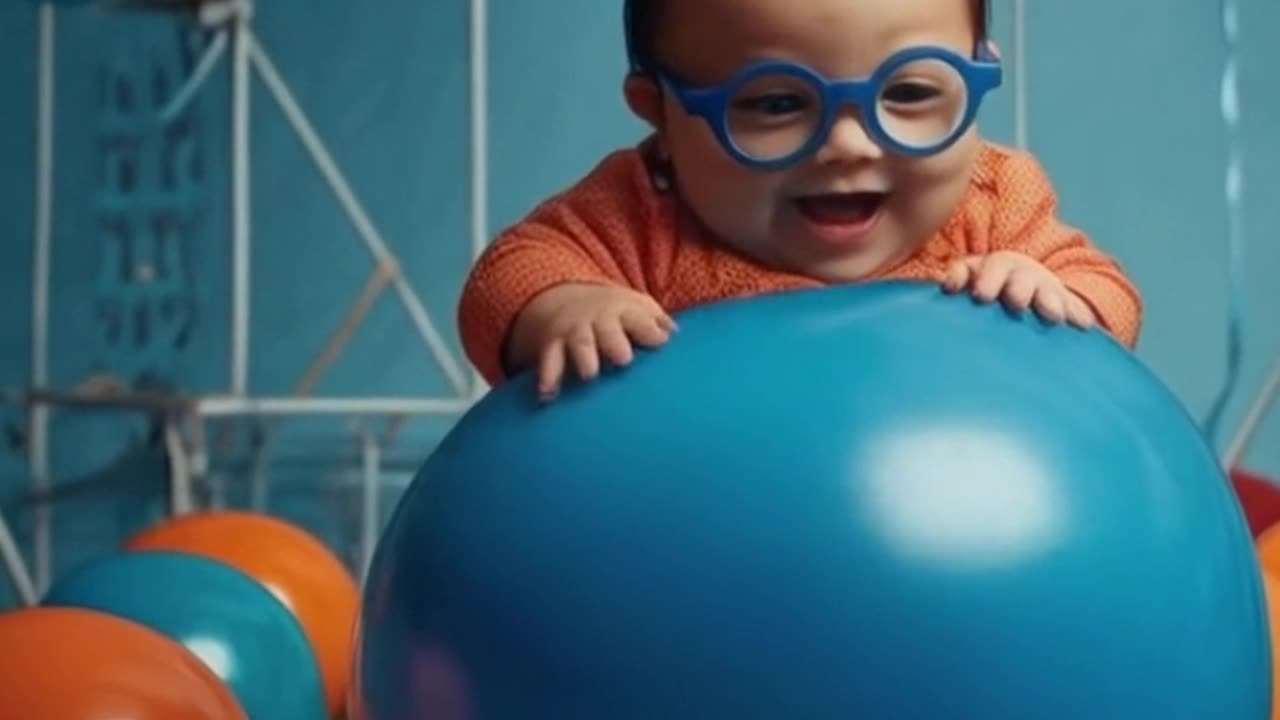 cute boy bouncing on baloon