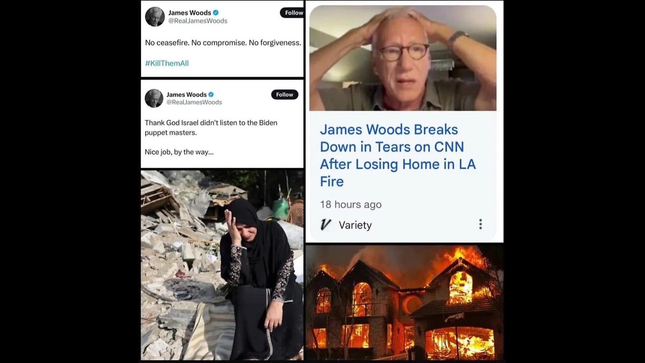 Actor James "Kill all the Palestinians" Woods cries on CNN about losing his Million Dollar Mansion in LA Fire.