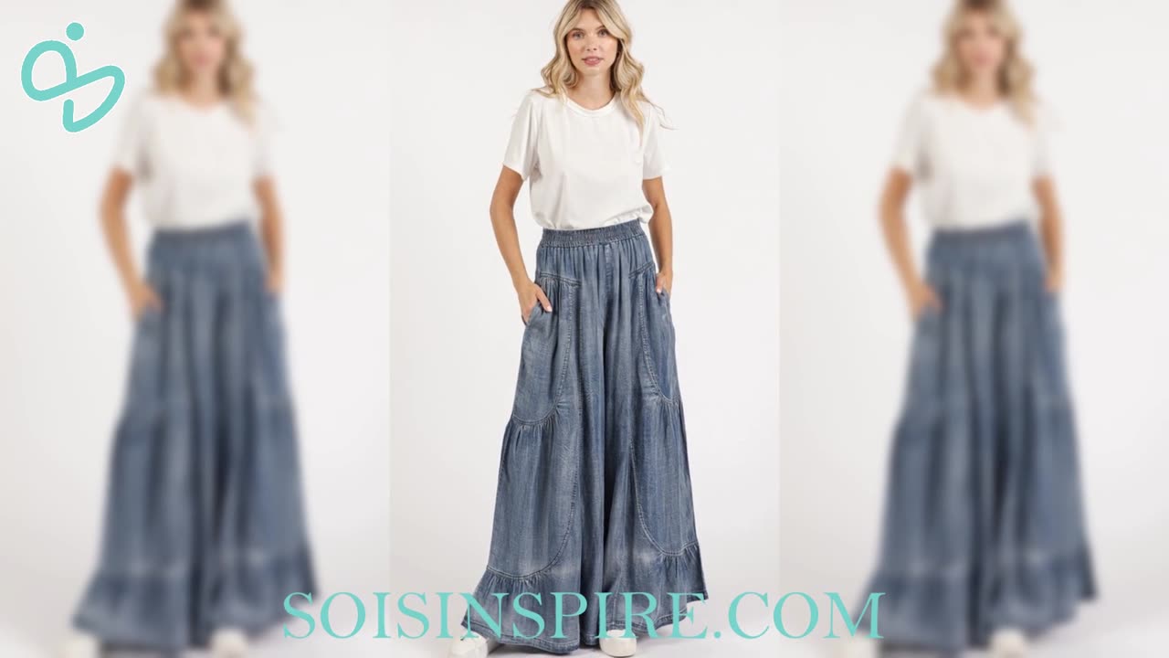 Mittoshop Washed Chambray Tier Detail Wide Leg Pants